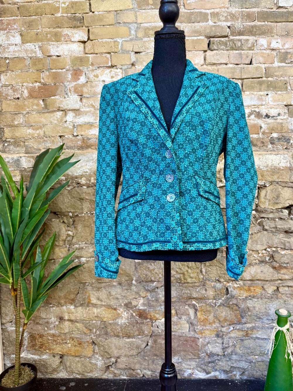Karen Millen England Teal Jacquard Tailored Blazer Jacket US 10 UK 14 EU 42